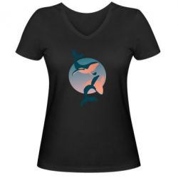 Женская футболка с V-образным вырезом Two whales - PrintSalon
