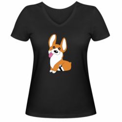 Женская футболка с V-образным вырезом Веселый корги - PrintSalon