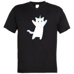 Мужская футболка  с V-образным вырезом White cheerful cat - PrintSalon