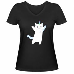 Женская футболка с V-образным вырезом White cheerful cat - PrintSalon