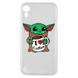 Чехол для iPhone XR Yoda and a mug with the inscription I love coffee