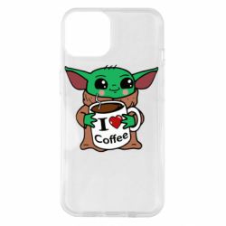 Чехол для iPhone 14 Yoda and a mug with the inscription I love coffee