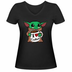 Женская футболка с V-образным вырезом Yoda and a mug with the inscription I love coffee - PrintSalon