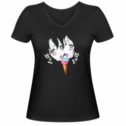 Женская футболка с V-образным вырезом Ahegao girl eating ice cream - PrintSalon