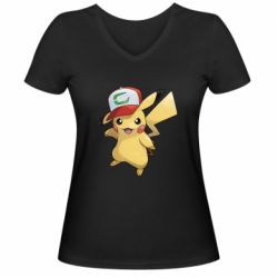 Женская футболка с V-образным вырезом Ash's hat Pikachu - PrintSalon