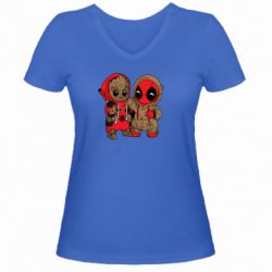 Женская футболка с V-образным вырезом Baby Groot And Deadpool - PrintSalon