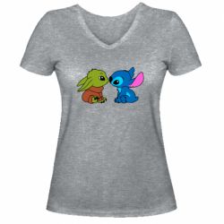 Женская футболка с V-образным вырезом Baby Yoda And Stitch - PrintSalon
