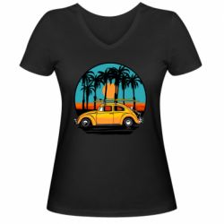 Женская футболка с V-образным вырезом Car and sunset - PrintSalon