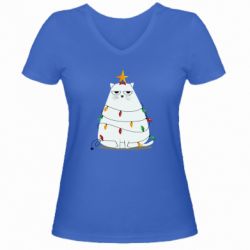 Женская футболка с V-образным вырезом Cat and Christmas Lights - PrintSalon