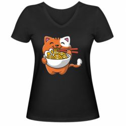 Женская футболка с V-образным вырезом Cat and Ramen - PrintSalon