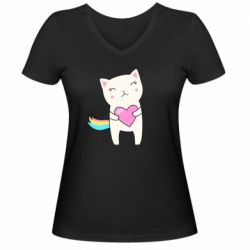 Женская футболка с V-образным вырезом Cute cat with heart - PrintSalon