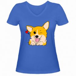 Женская футболка с V-образным вырезом Cute Corgi Puppy - PrintSalon