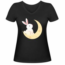 Женская футболка с V-образным вырезом Cute rabbit on the moon - PrintSalon