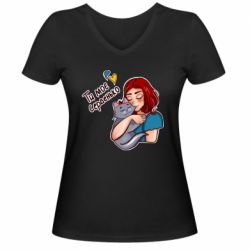 Женская футболка с V-образным вырезом Девочка с котом - ты мое сердечко - PrintSalon