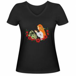 Жіноча футболка з V-подібним вирізом Дівчина цілує солдата - PrintSalon