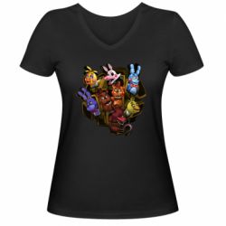 Жіноча футболка з V-подібним вирізом Five Nights At Freddy's monsters-PrintSalon Жіноча футболка з V-подібним вирізом Five Nights At Freddy's monsters