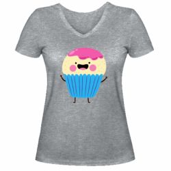 Женская футболка с V-образным вырезом Funny cupcake with smile - PrintSalon