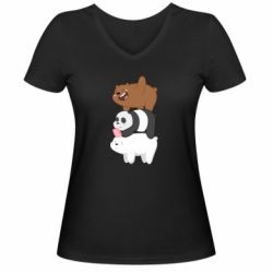 Женская футболка с V-образным вырезом Гризли Панда и Белый - PrintSalon