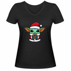 Женская футболка с V-образным вырезом Grogu Santa Claus - PrintSalon