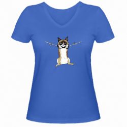 Женская футболка с V-образным вырезом Grumpy Cat On The Rope - PrintSalon