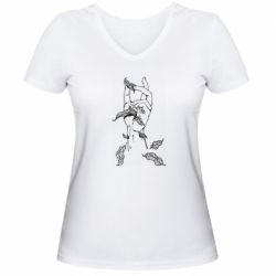 Женская футболка с V-образным вырезом Hand with leafs - PrintSalon