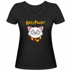 Женская футболка с V-образным вырезом Harry Potter cat - PrintSalon