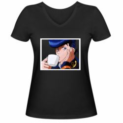 Женская футболка с V-образным вырезом Higashikata Josuke drinking tea - PrintSalon