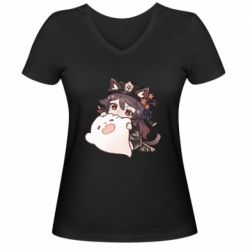 Женская футболка с V-образным вырезом Hu Tao cat - PrintSalon