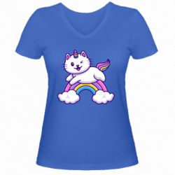 Женская футболка с V-образным вырезом Котик-единорог - PrintSalon