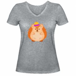 Женская футболка с V-образным вырезом Little hedgehog in a hat - PrintSalon