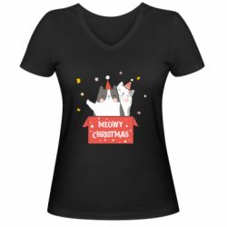 Женская футболка с V-образным вырезом Meowy Christmas ( present box ) - PrintSalon