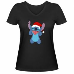 Женская футболка с V-образным вырезом Новогодний Стич - PrintSalon