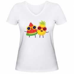 Женская футболка с V-образным вырезом Pineapple with watermelon - PrintSalon