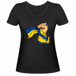 Женская футболка с V-образным вырезом Рука с украинским флагом - PrintSalon