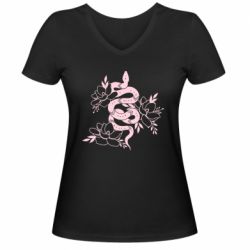 Женская футболка с V-образным вырезом Snake with flowers - PrintSalon