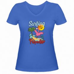 Женская футболка с V-образным вырезом Surfing Paradise Flamingo - PrintSalon