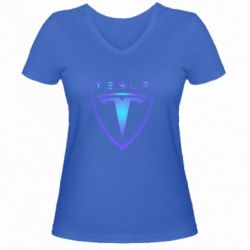 Женская футболка с V-образным вырезом Tesla logo gradient - PrintSalon
