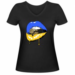 Жіноча футболка з V-подібним вирізом Україна! Губи з кулею - PrintSalon