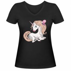 Женская футболка с V-образным вырезом Unicorn with bow tie - PrintSalon
