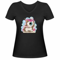 Женская футболка с V-образным вырезом Unicorn with flowers - PrintSalon