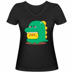 Женская футболка с V-образным вырезом Уточка в костюме динозавра - PrintSalon