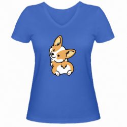 Женская футболка с V-образным вырезом Winking Corgi - PrintSalon