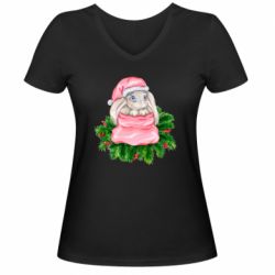 Женская футболка с V-образным вырезом Заяц Новогодний - PrintSalon