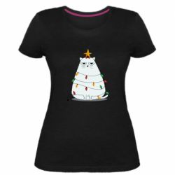 Женская премиум футболка Cat and Christmas Lights - PrintSalon