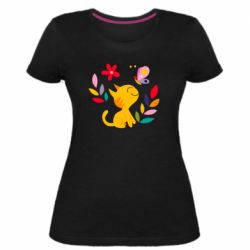 Женская премиум футболка Cat, Flowers and Butterfly - PrintSalon