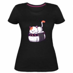 Женская премиум футболка Котик. Суши-кровать - PrintSalon