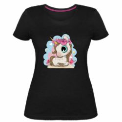Женская премиум футболка Unicorn with flowers - PrintSalon