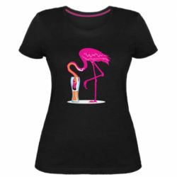 Женская премиум футболка Flamingo drinks beer - PrintSalon