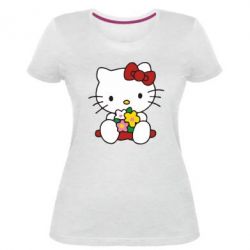 Женская премиум футболка Kitty с букетиком - PrintSalon