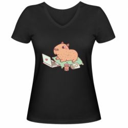 Женская футболка с V-образным вырезом Capybara With Laptop - PrintSalon
